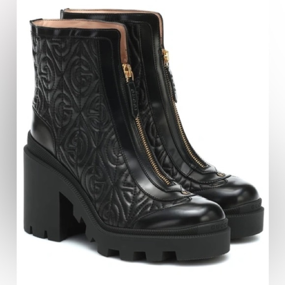 Gucci Trip Zip Front Combat Boot Black GG Rhombus Quilted Leather EU 38.5 US 8.5 - Picture 1 of 10